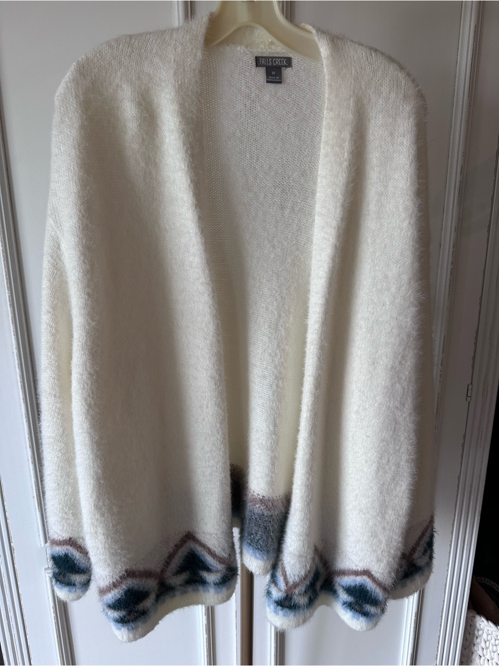 Falls Creek Ivory Plush Open Front Cardigan with Green and Brown Trim